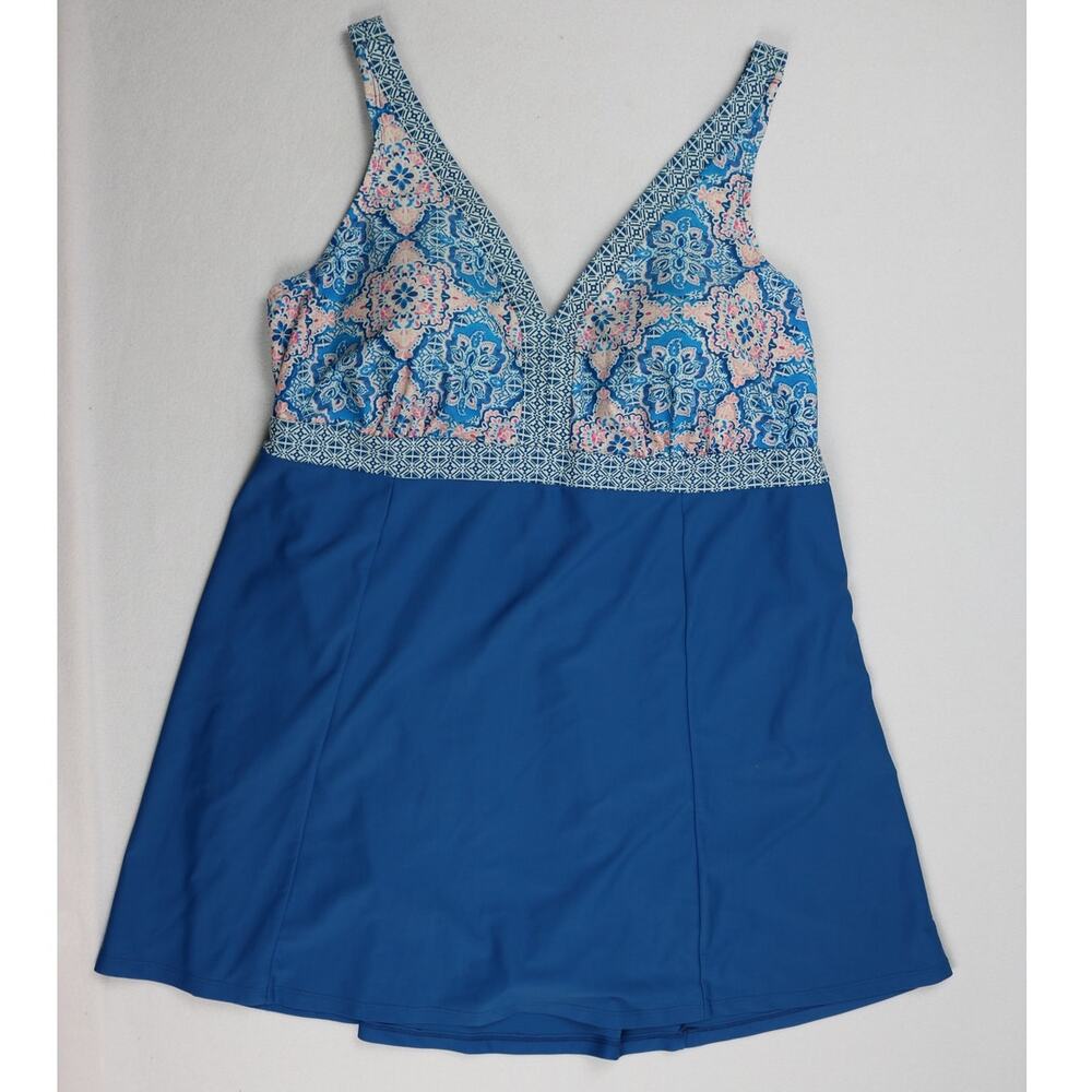 Beach Diva Swim Dress One Piece Swimsuit Womens 20W Blue Floral Paisley